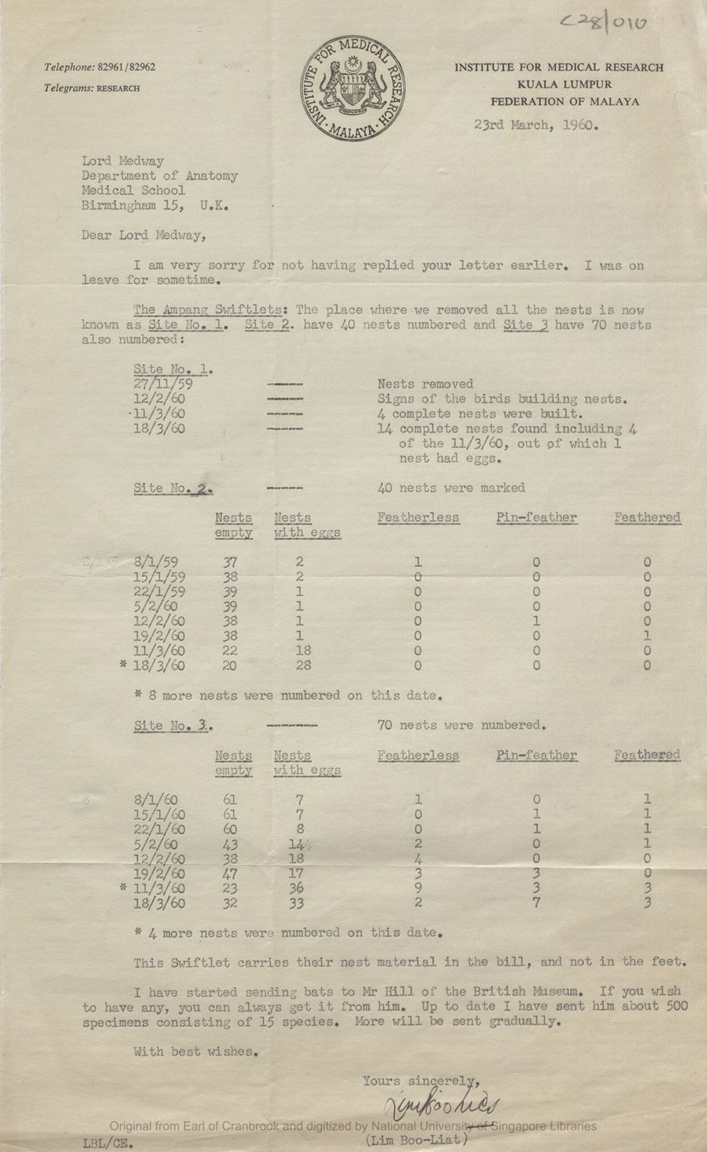 Miniature of Letter from Lim Boo Liat to the 5th Earl of Cranbrook at Dept of Anatomy, Medical School, Birmingham 15, U.K. concerning nests of Ampang swiftlets and bats