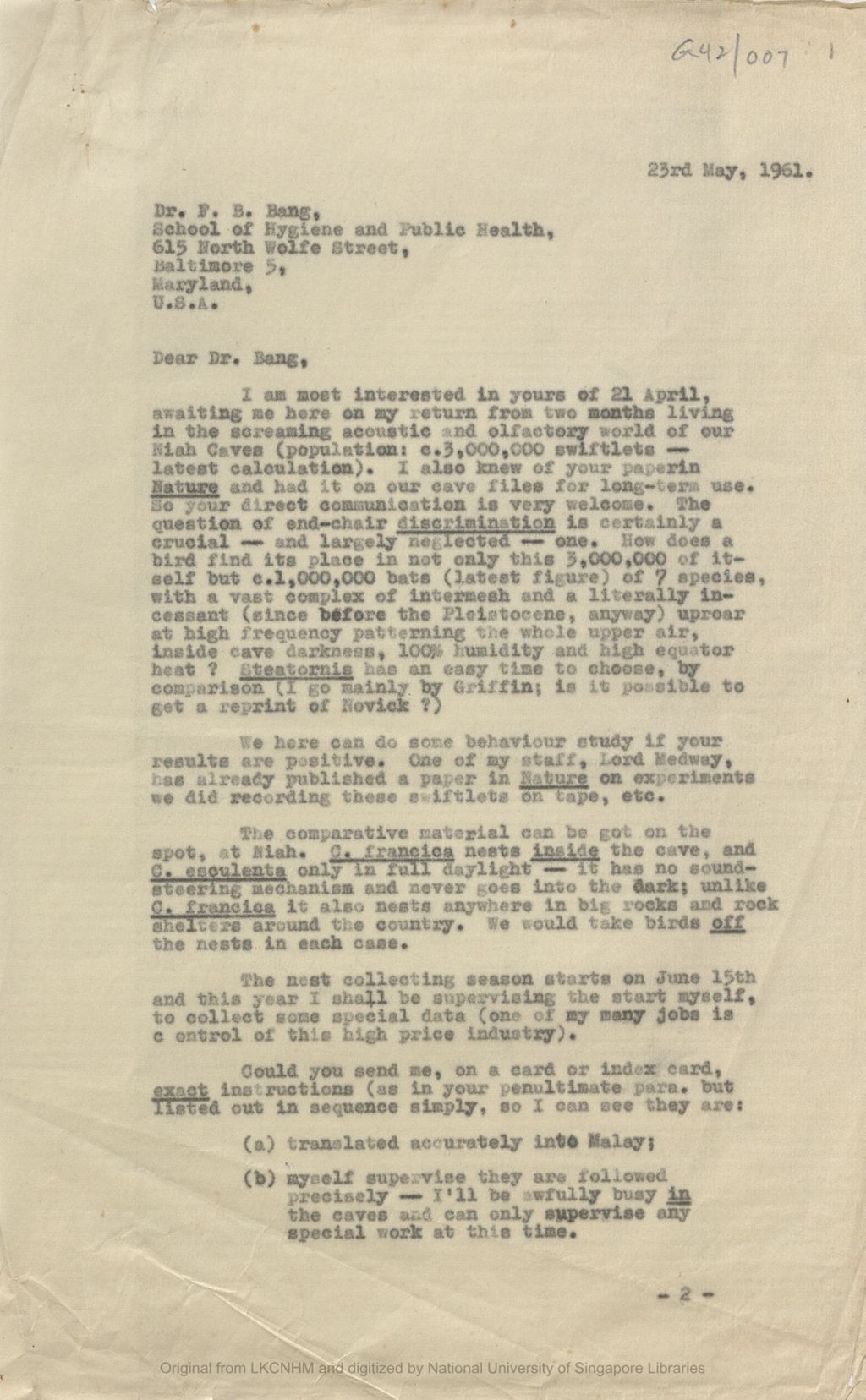 Miniature of Letter from Tom Harrisson, Curator of Sarawak Museum to Dr F. B. Bang on swiftlets. He also requested for exact instructions