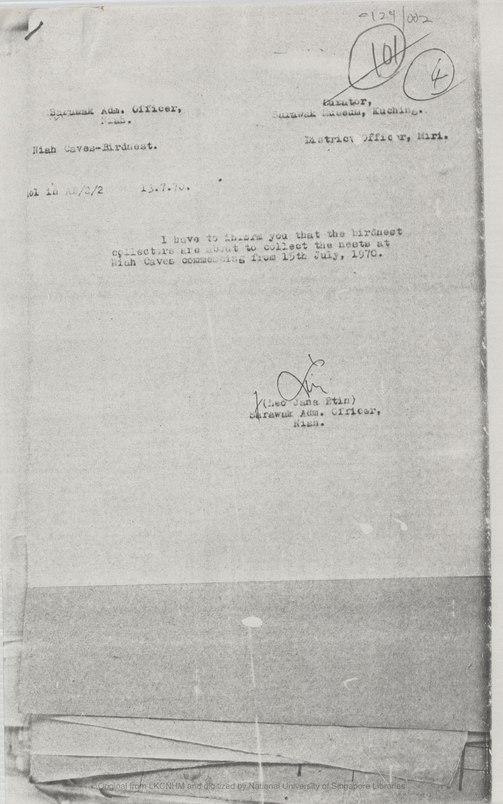 Miniature of Letter from Sarawak Administrative Officer to Curator, Sarawak Museum statting that the birdnest collectors would collect the nests at Niah Cave starting from 1970/07/15