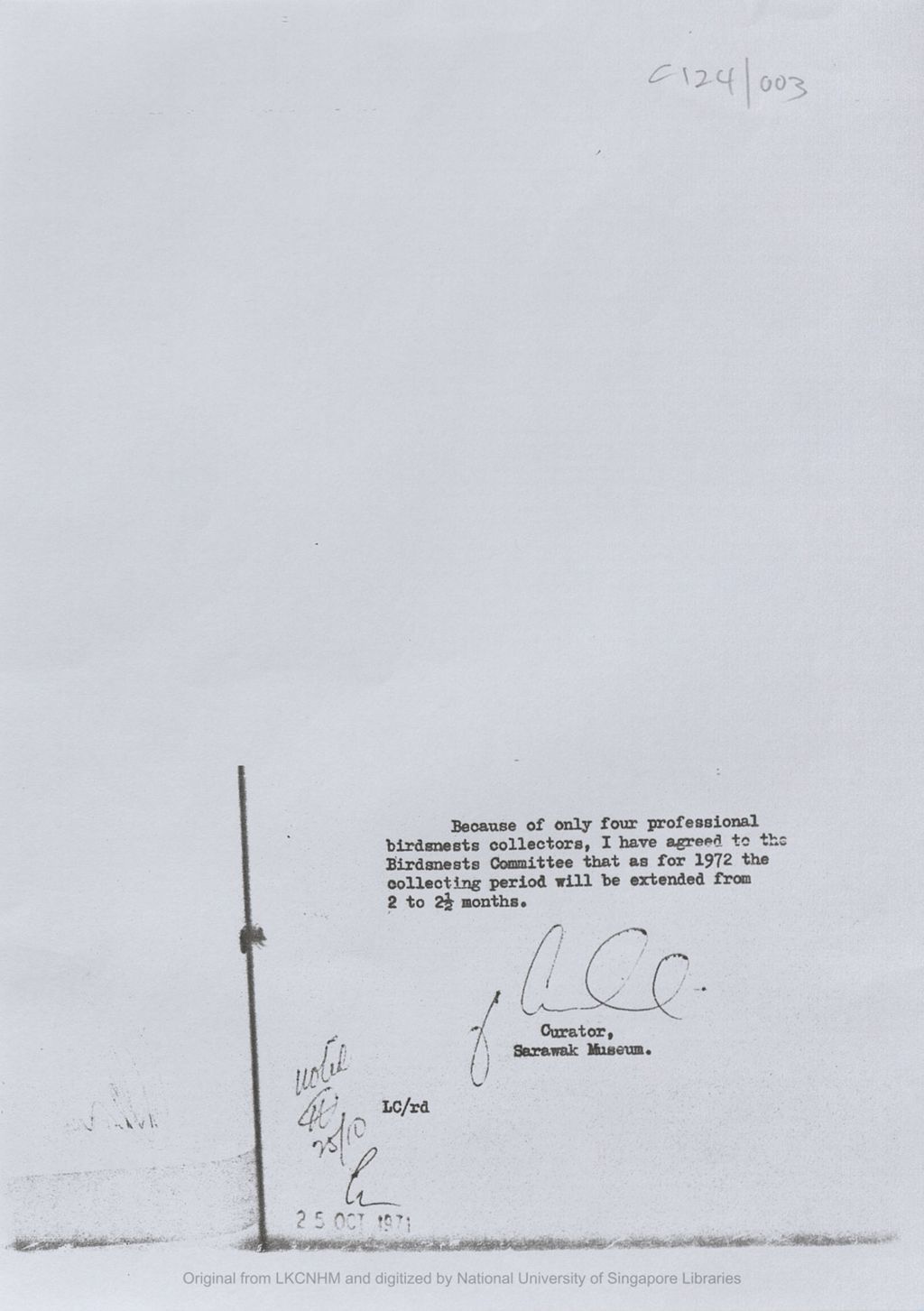 Miniature of Letter from Curator, Sarawak Museum concerning extention of the collecting period of bird nests from two to two and half months for year 1972