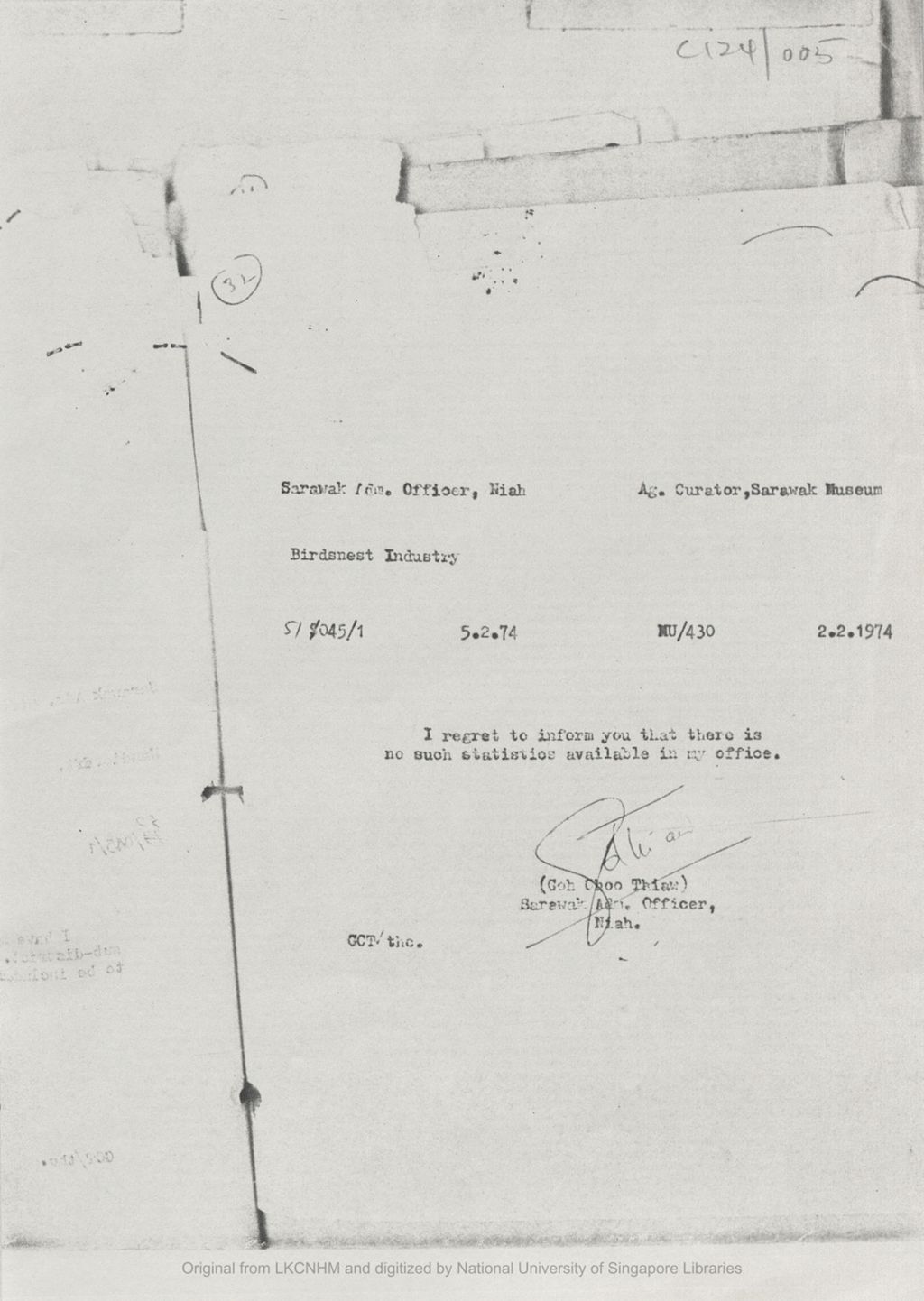 Miniature of Letter from Sarawak Adm. Officer to Ag. Curator, Sarawak Museum stating there was no such statistics available in his/her office