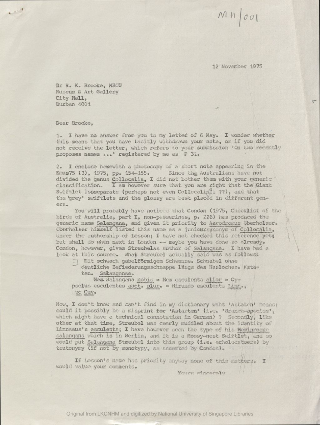 Miniature of Letter from the 5th Earl of Cranbrook to Richard K. Brooke concerning how the Australians classify swiftlets. He also discussed a document by Streubel