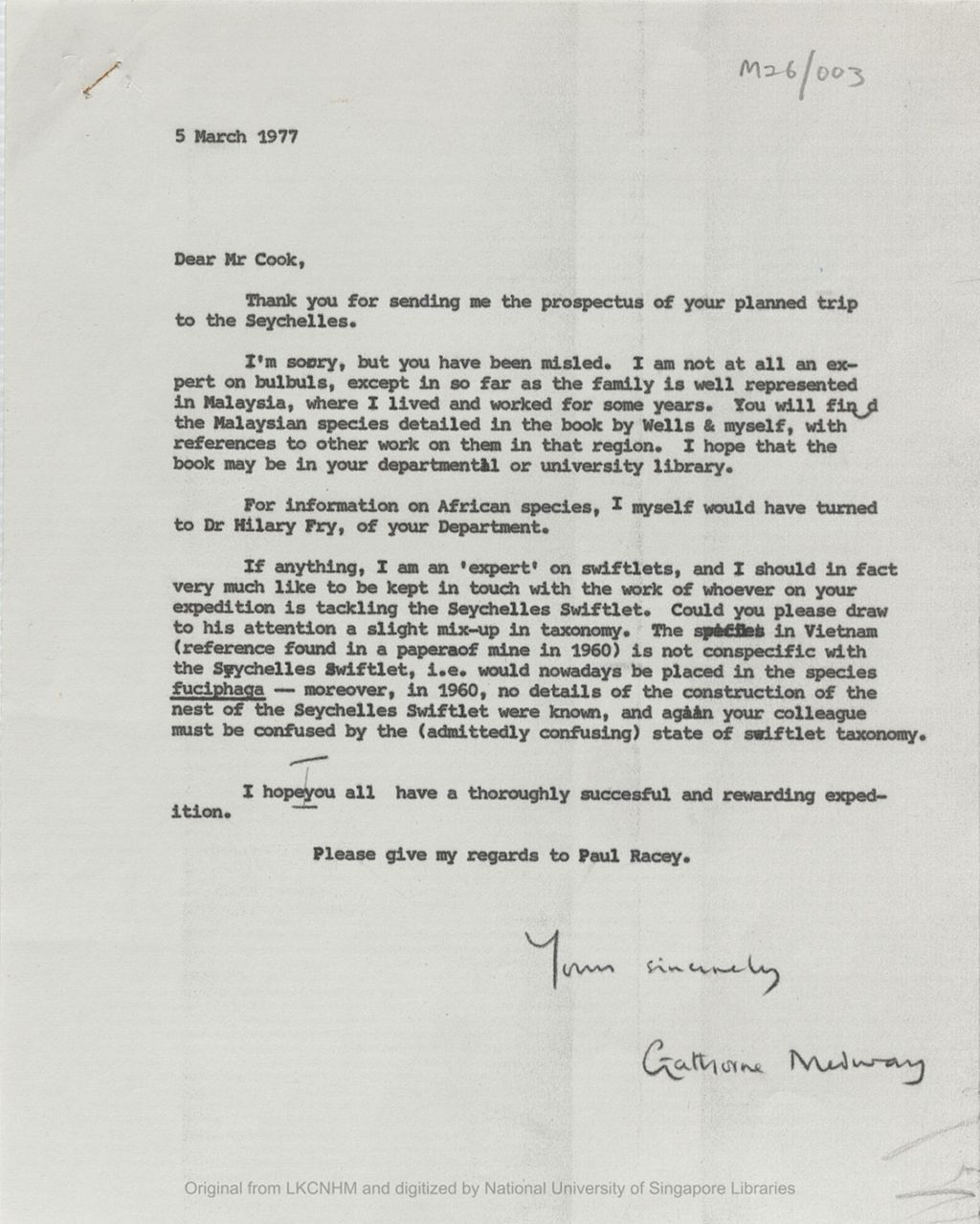 Miniature of Letter from the 5th Earl of Cranbrook to Michael Cook telling him he was not an expert on bulbuls. He would like to be kept informed on information on the Seychelles swiftlets