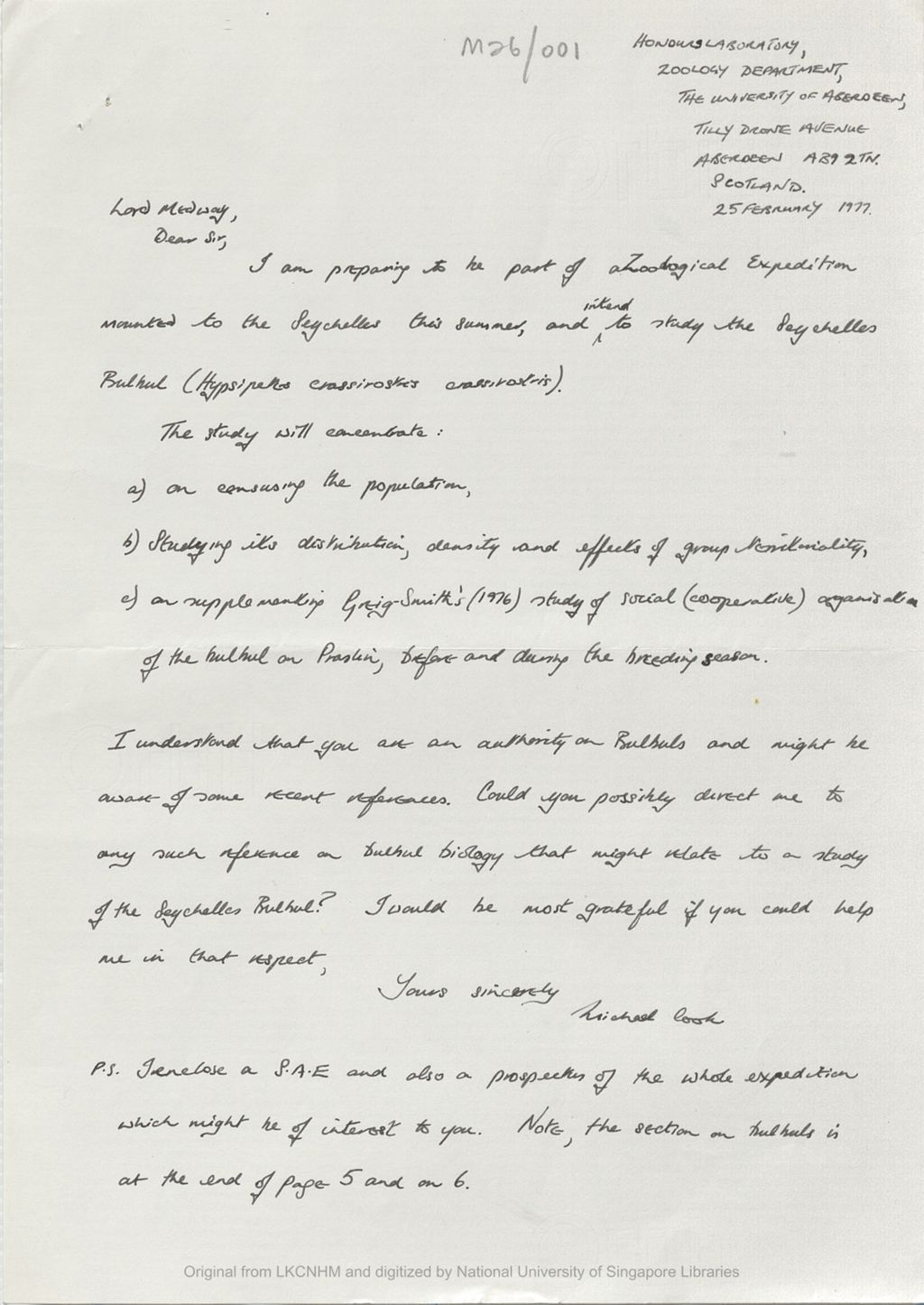 Miniature of Letter from Michael Cook to the 5th Earl of Cranbrook concerning the Aberdeen University expedition to Seychelles, summer 1977