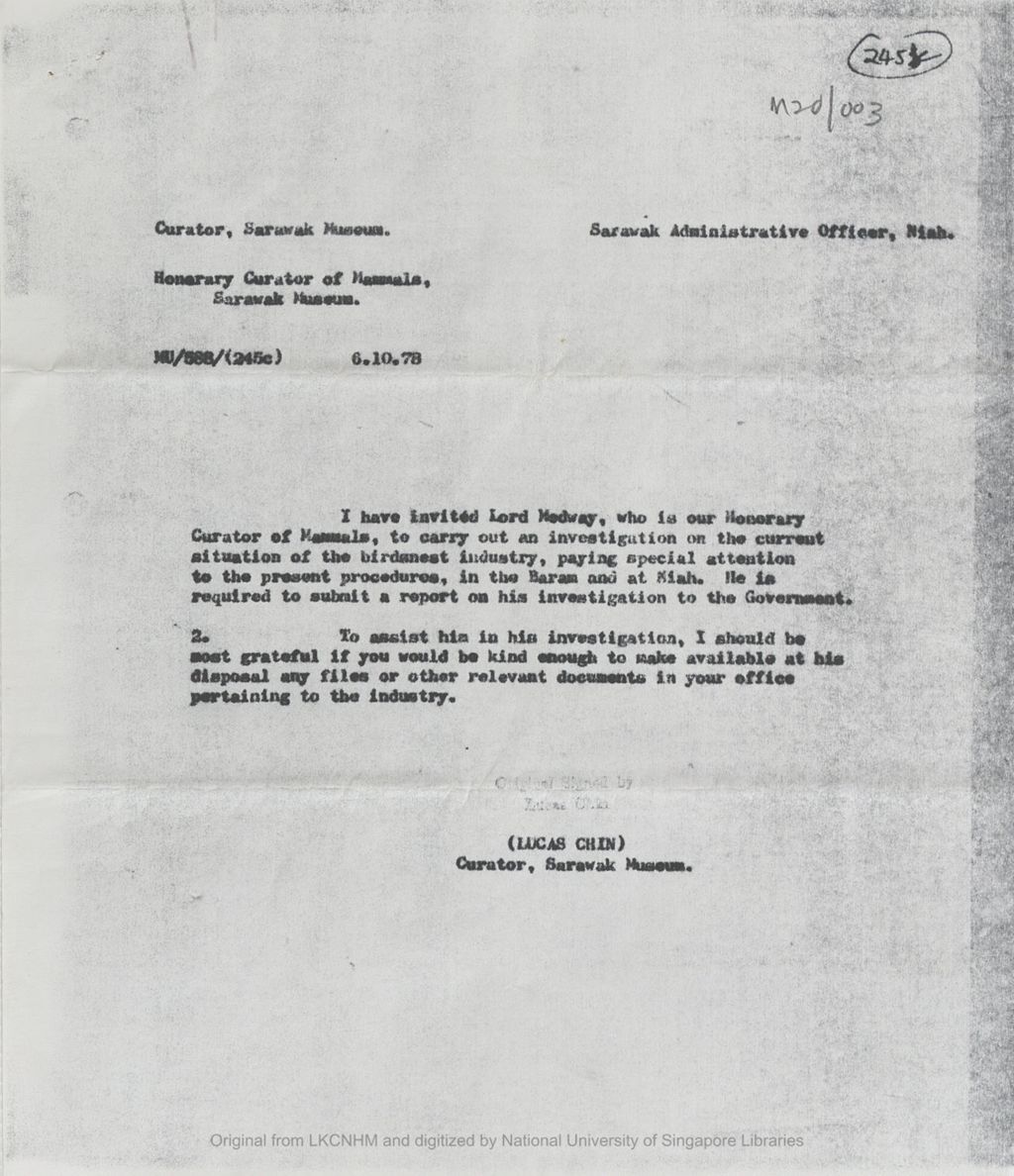 Miniature of Letter from Lucas Chin to the District Officer, Marudi concerning the Earl's visit to investigate the current situation of the birdnest industry in the Baram and at Niah. The Earl was required to submit a report of his investigation to the Government