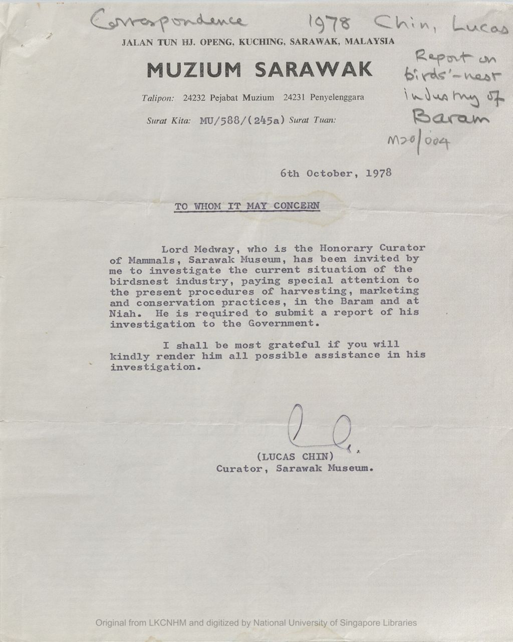 Miniature of Letter from Lucas Chin to the District Officer, Marudi concerning the Earl's visit to investigate the current situation of the birdnest industry, paying special attention to the present procedures of harvesting, marketing and conservaion practices, in the Baram and at Niah. The Earl was required to submit a report of his investigation to the Government