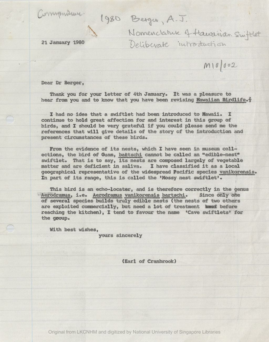 Miniature of Letter from the 5th Earl of Cranbrook to Prof Andrew J. Berger informing him the scientific name for the Guam swiftlet was Aerodramus vanikorensis bartschi. He also requested Berger to send him information on swiftlets in Hawaii