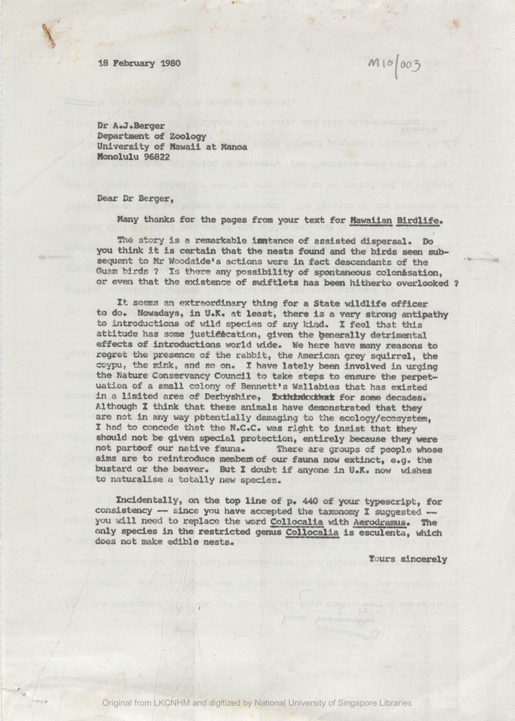 Miniature of Letter from the 5th Earl of Cranbrook to Prof Andrew J. Berger discussing on the pages from Berger's text of "Hawaiian Birdlife" sent to him. The Earl also discussed on the introduction of wild species in UK