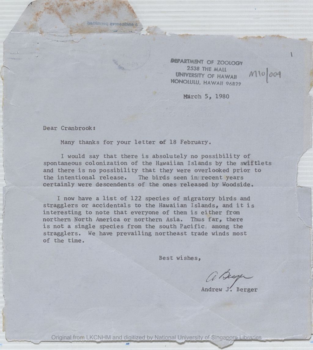 Miniature of Letter from Prof Andrew J. Berger to the 5th Earl of Cranbrook saying that the swiftlets in Hawaii were descendents of the ones released by Woodside