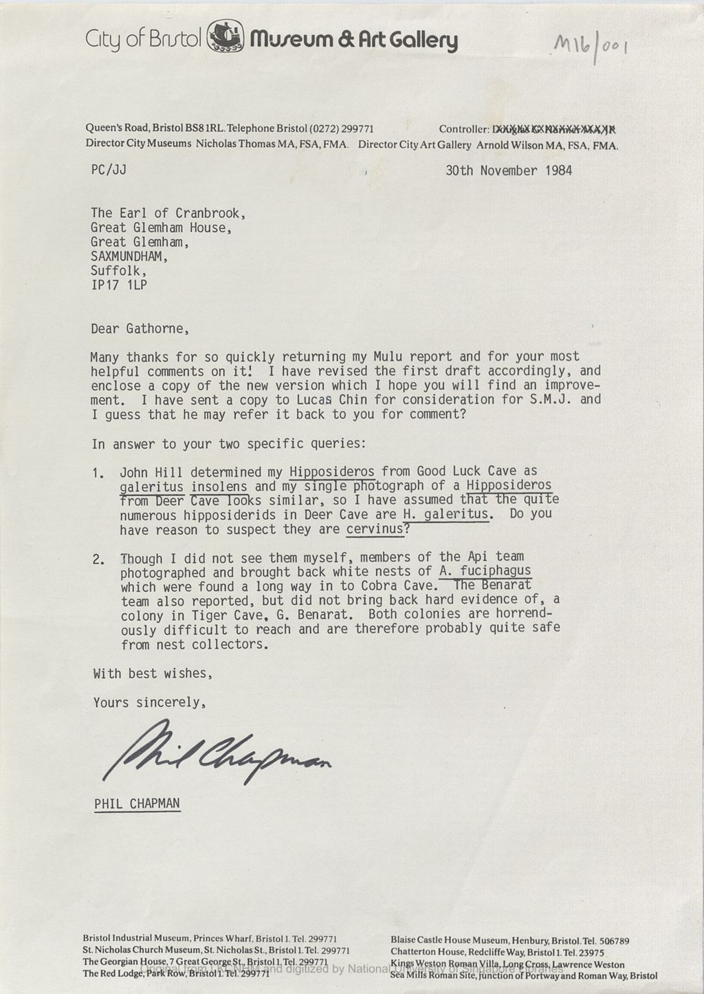 Miniature of Letter from Philip Chapman to the 5th Earl of Cranbrook enclosing his revised draft of his Mulu report on cave-frequenting vertebrates in the Gunung Mulu National Park, Sarawak. He also answered the Earl's two questions