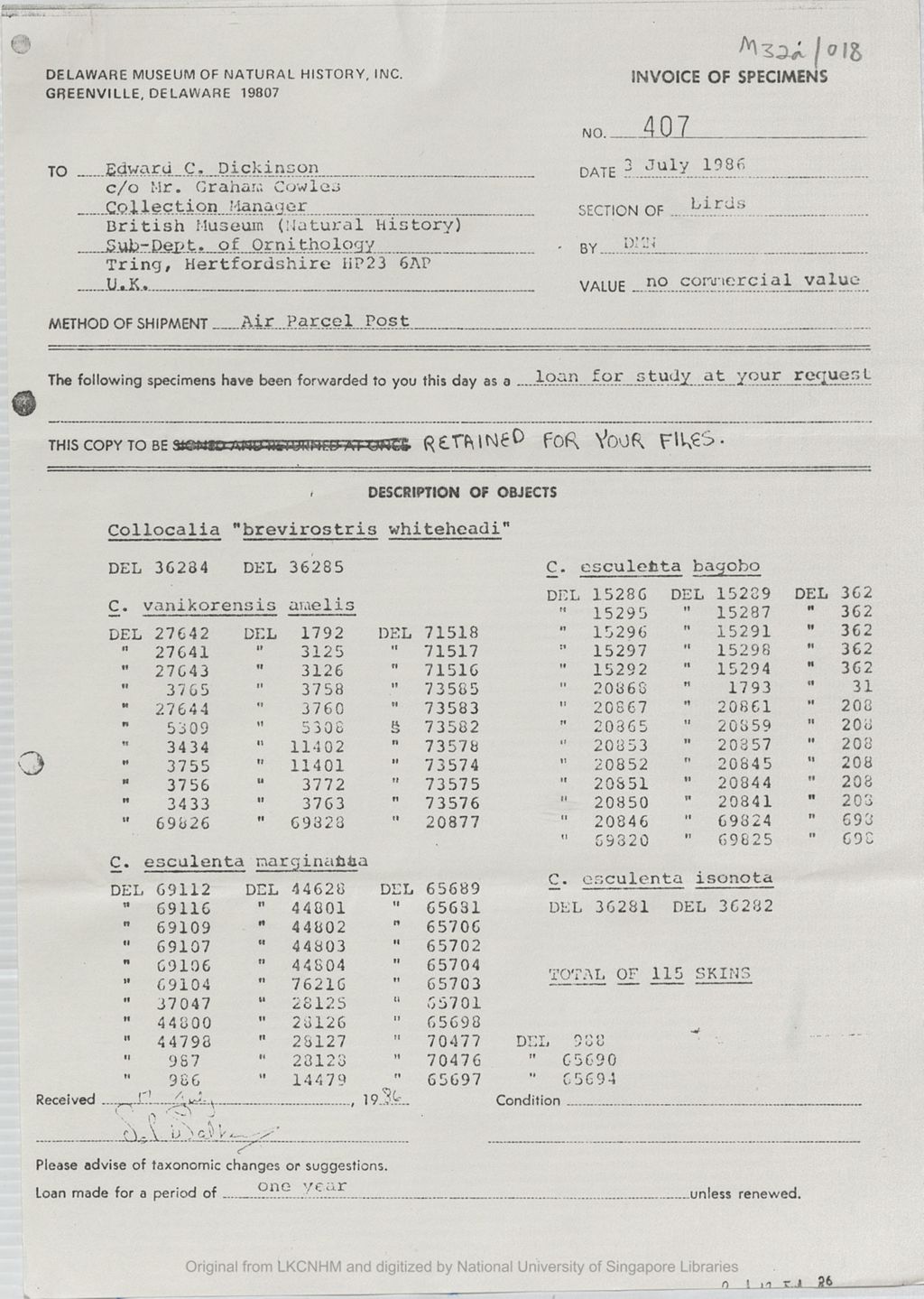 Miniature of Invoice of 115 specimens of Collocalia skin sent to Edward C. Dickinson, c/o Graham Cowles, Collection Manager, British Museum (Natural History), Sub-Dept. of Ornithology