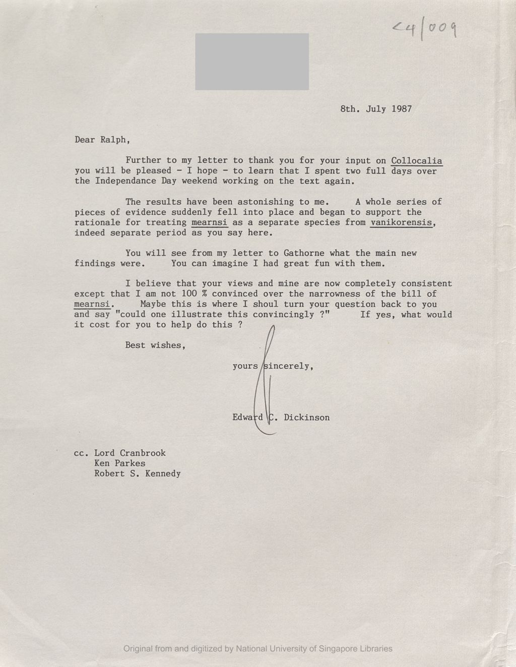 Miniature of Letter from Edward Dickinson to Ralph Browning informing him he found evidence that began to support the rationale for treating mearnsi as a separate species from vanikorensis. He also mentioned he was not 100% convinced over the narrowness of the bill of mearnsi