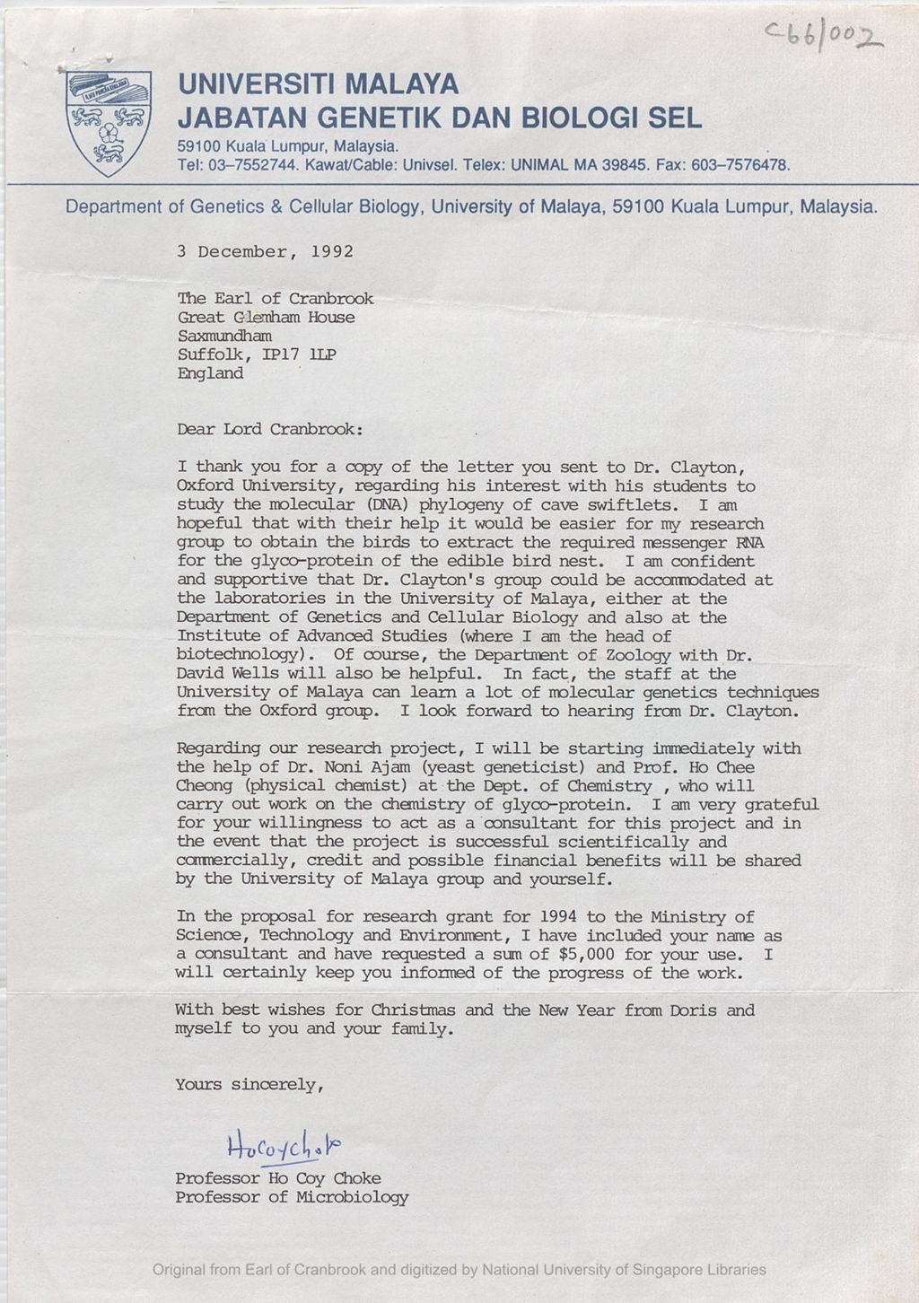 Miniature of Letter from Ho Coy Choke to the 5th Earl of Cranbrook concerning research project on swiftlets. He mentioned he was including the Earl's name as a consultant in the proposal of a research grant