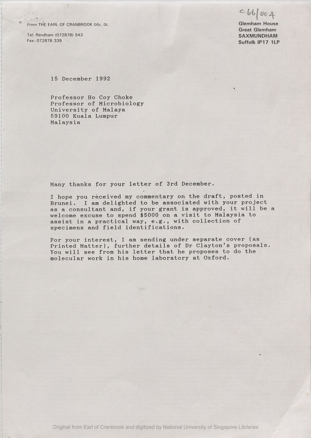 Miniature of Letter from the the 5th Earl of Cranbrook to Professor Ho Coy Choke, University of Malaya on a research project on swiftlets. He mentioned he would be sending further details of Dr Clayton's proposals