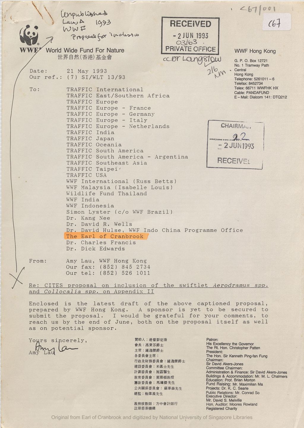 Miniature of Letter from Amy Lau to the the 5th Earl of Cranbrook concerning the latest draft of the CITES [Convention on International Trade in Endangered Species] proposal on inclusion of the swiftlet Aerodramus spp. and Collocalia spp. on Appendix II