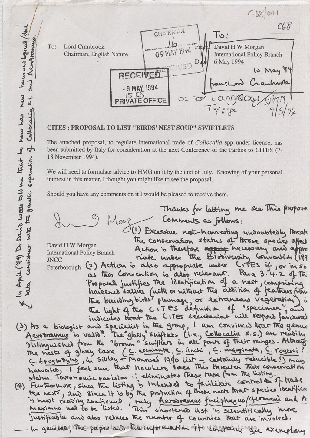 Miniature of Letter from H. W. Morgan to the the 5th Earl of Cranbrook concerrning the CITES [Convention on International Trade in Endangered Species] proposal to List "birds' nest soup" swiftlets. The proposal was to regulate international trade of Collocalia spp under licence. The proposal had been submitted by Italy for consideration at the following Conference of the Parties to CITES (7-18 November 1994)