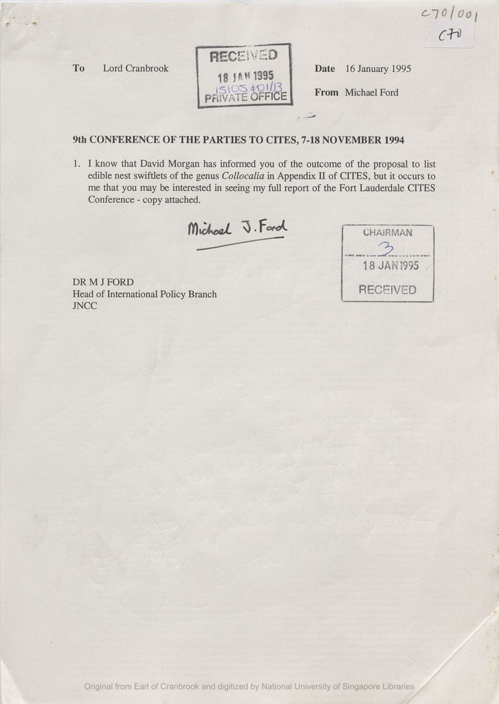 Miniature of Letter from Dr Michael J. Ford to the the 5th Earl of Cranbrook concerning his full report of the 9th Conference of the Parties to CITES [Convention on International Trade in Endangered Species]. Fort Lauderdale, 7-18 November 1994