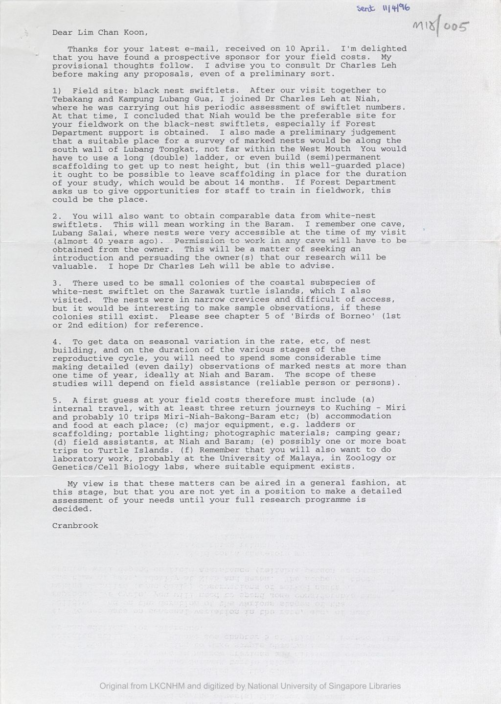 Miniature of Letter from the 5th Earl of Cranbrook to Lim Chan Koon discussing Lim's PhD programme and the cost involved for his projects