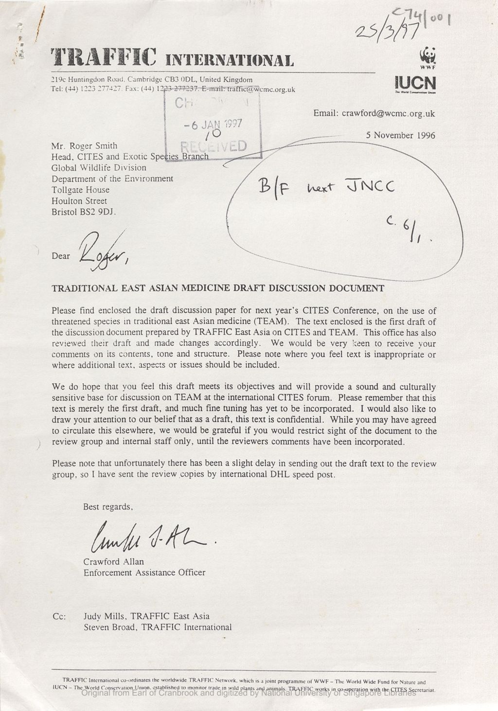 Miniature of Letter from Allan Crawford of TRAFFIC International to Roger Smith, Head, CITES and Exotic Species Branch, Global Wildlife Division, Department of the Environment, concerning the draft discussion for the following year's CITES [Convention on International Trade in Endangered Species] Conference on the use of theatened species in traditional east Asian medicine (TEAM).