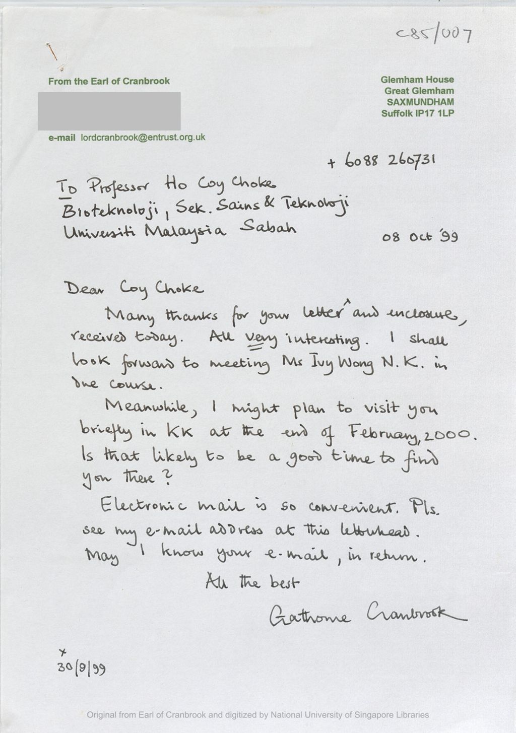 Miniature of Letter from the the 5th Earl of Cranbrook to Ho Coy Choke saying that he (the Earl) might visit Kota Kinabalu at the end of Feb 2000