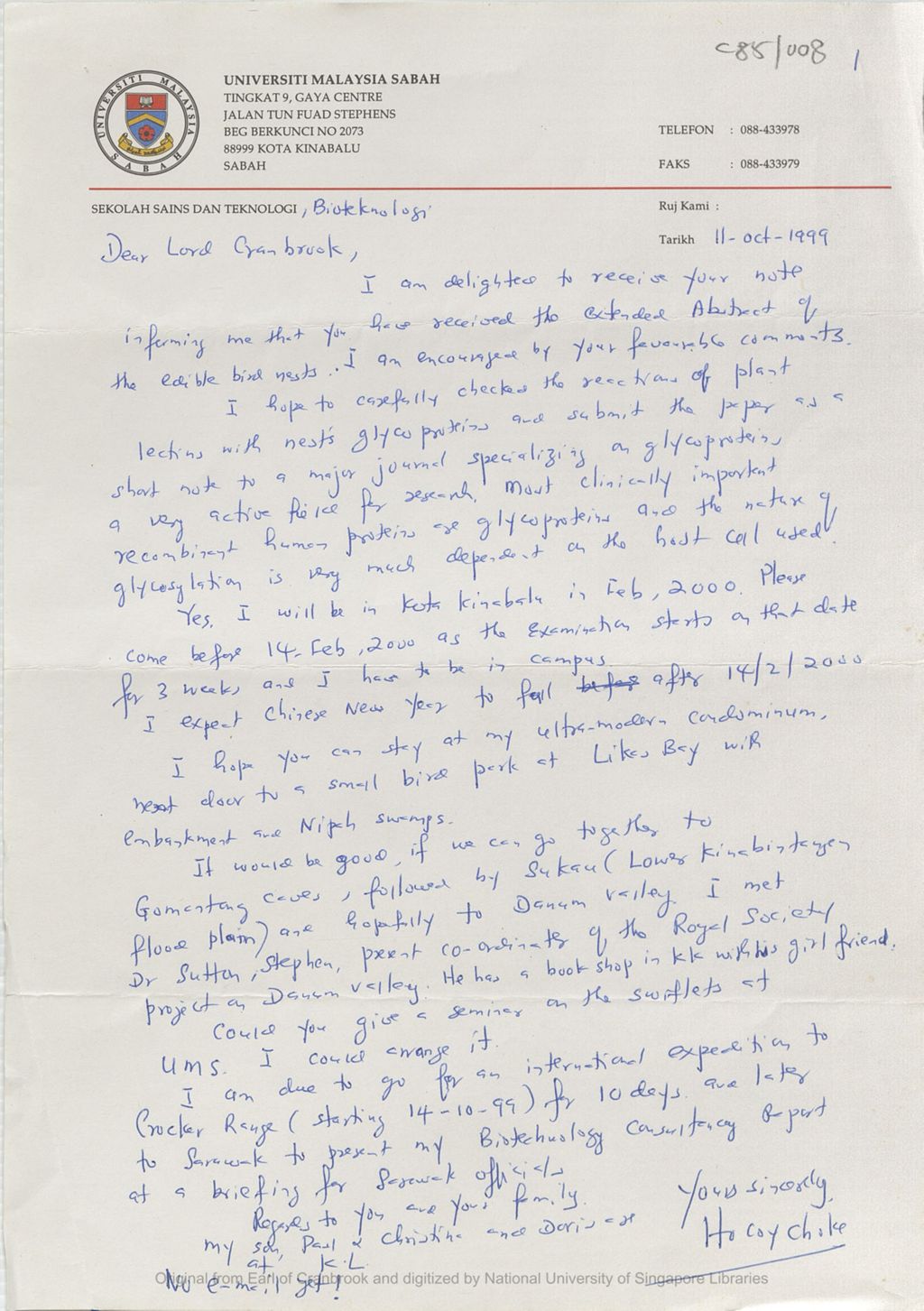 Miniature of Letter from Ho Coy Choke to the 5th Earl of Cranbrook concerning his research on bird nest's glycoproteins. He also discuss the Earl's upcoming visit to Kota Kinabalu in Feb 2020.