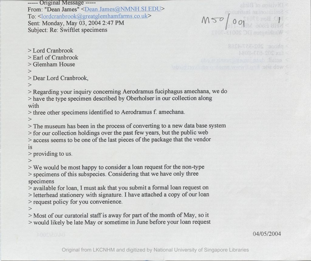 Miniature of Email from James P. Dean, Collections Manager, Division of Birds, National Museum of Natural History, Smithsonian Institution to the 5th Earl of Cranbrook concerning the type specimen described by Oberholser and three other specimens identified to Aerodramus f. amechana. He requested the Earl to submit a formal loan request, attaching a copy of the loan request policy