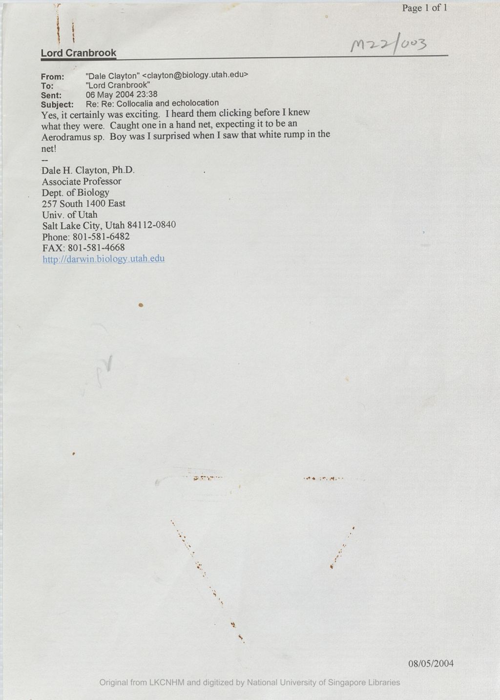 Miniature of Email from Dr Dale H. Clayton to the 5th Earl of Cranbrook on echolocation of Collocalia troglodytes