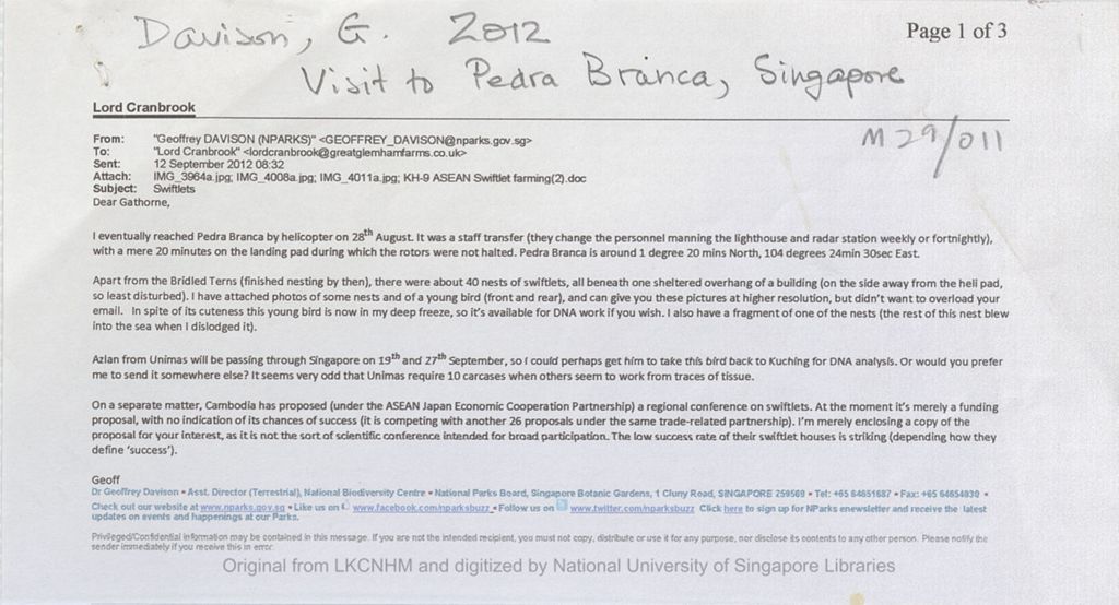 Miniature of Email from Dr Geoffrey Davison to the 5th Earl of Cranbrook concerning visit to Pedra Branca, Singapore. He attached some images