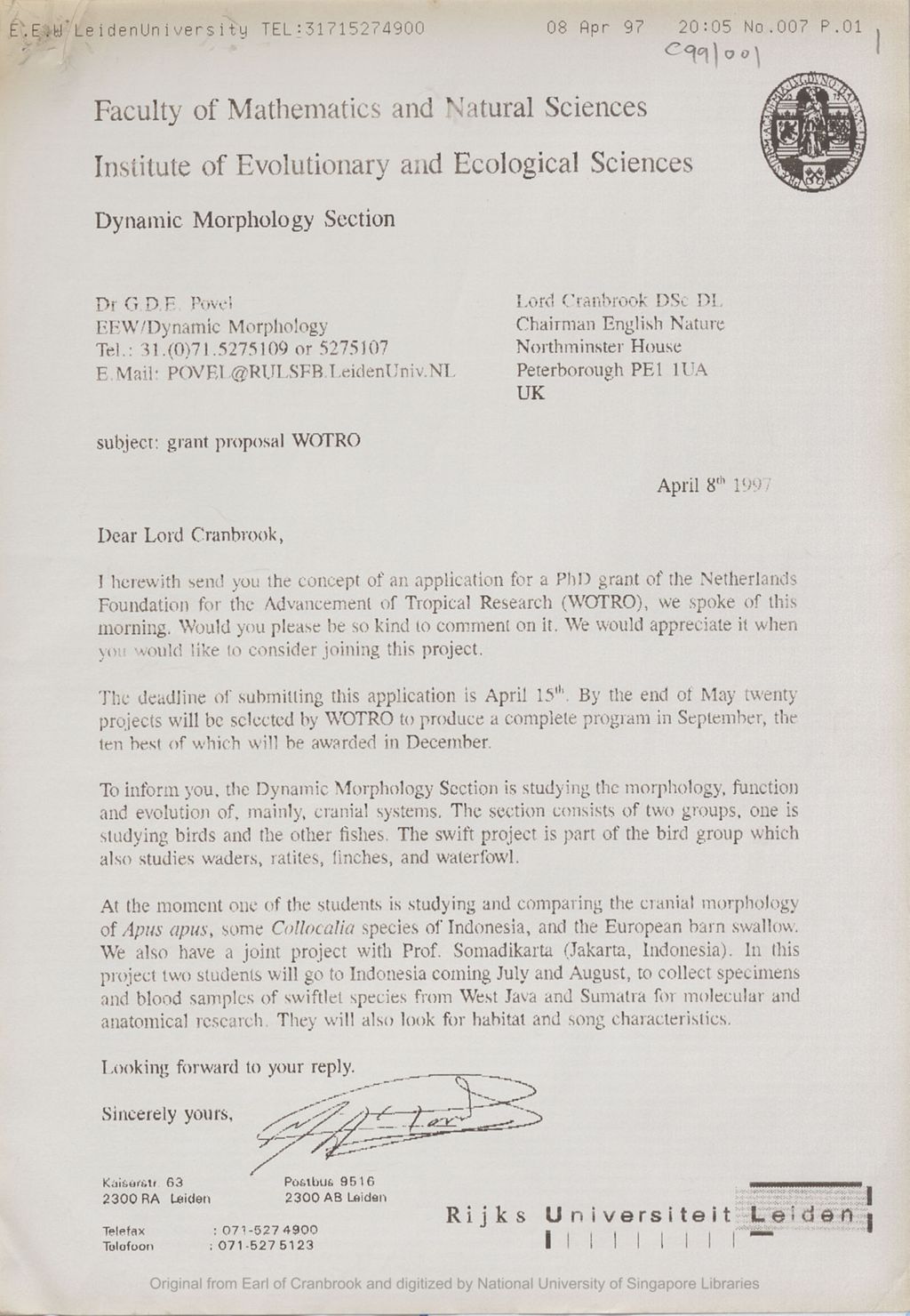 Miniature of Fax from Dr Povel to the the 5th Earl of Cranbrook concerning his research proposal: "Radiation in the Indo-Australian swiftlets (Aves: Apodidae): an integrated study of morphological, ethological, ecological & molecular characters (Indonesia and the Netherlands)"