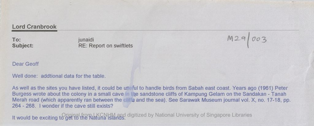 Miniature of Email from the 5th Earl of Cranbrook to Dr Geoffrey Davison concerning a cave at Kampung Gelam, Sabah, Malaysia