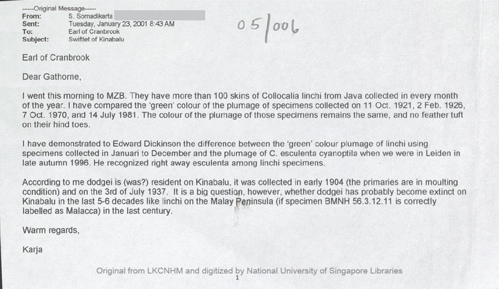 Miniature of Email from Soekarjaoekarja Somadikarta to the 5th Earl of Cranbrook on Collocalia linchi skins in Museum Zoologi Bogor