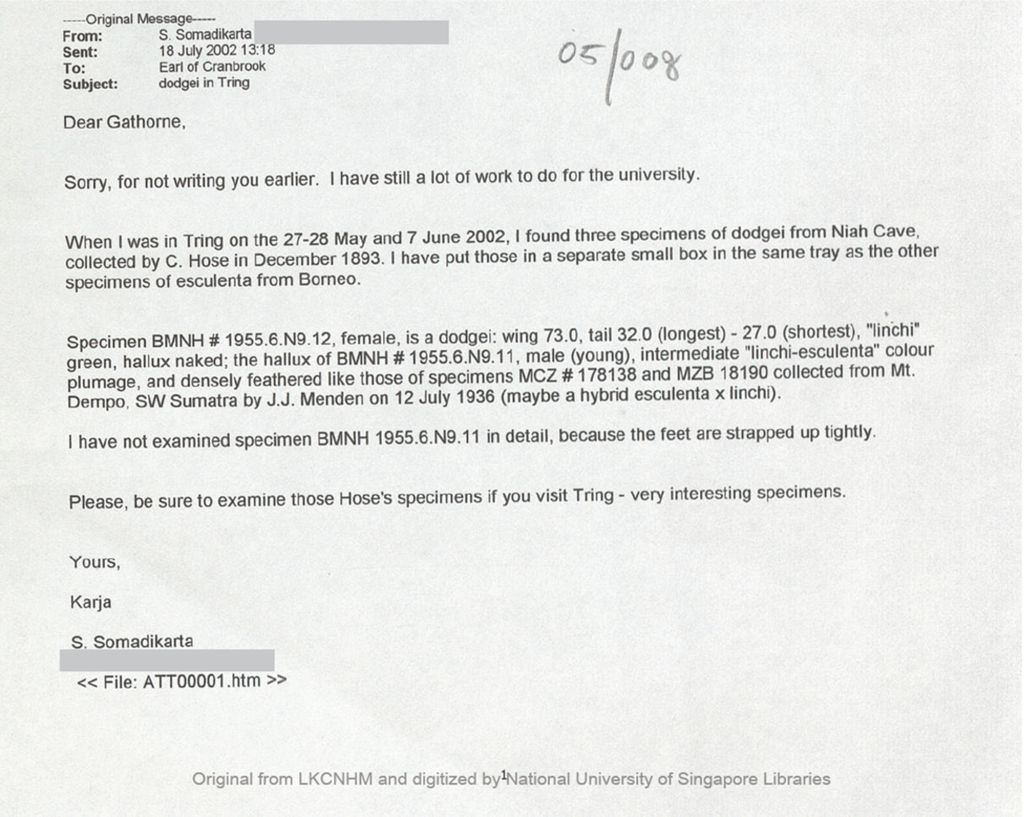 Miniature of Email from Soekarjaoekarja Somadikarta to the 5th Earl of Cranbrook concerning specimens of dodgei from Niah Cave in Tring