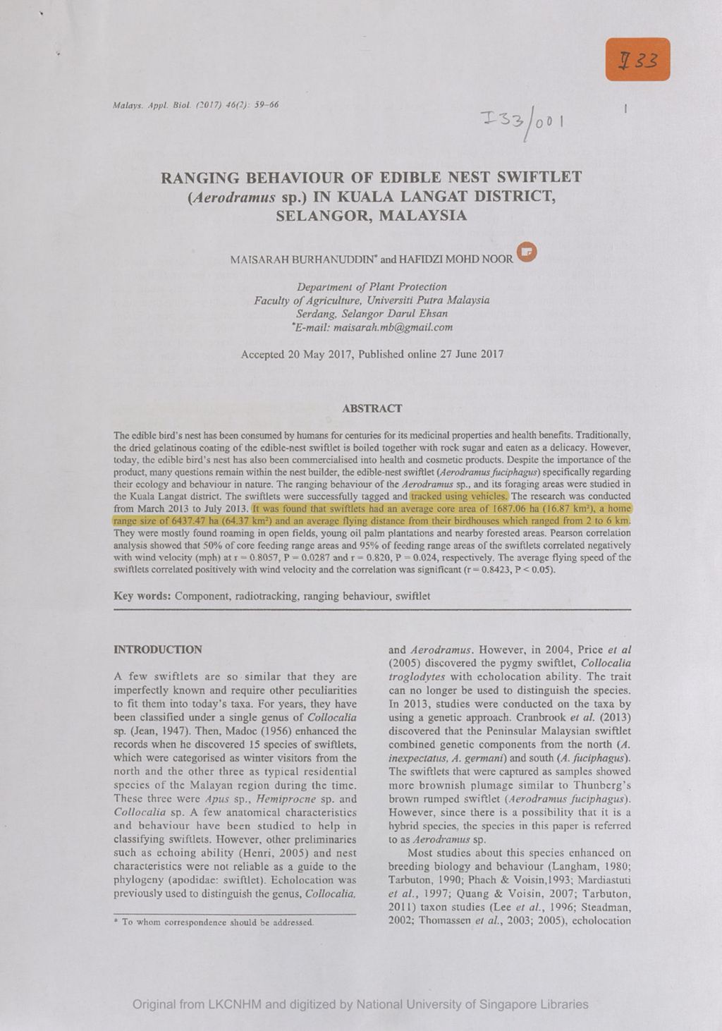 Miniature of Ranging behaviour of edible nest swiftlet (Aerodramus sp.) in Kuala Langat District, Selangor, Malaysia