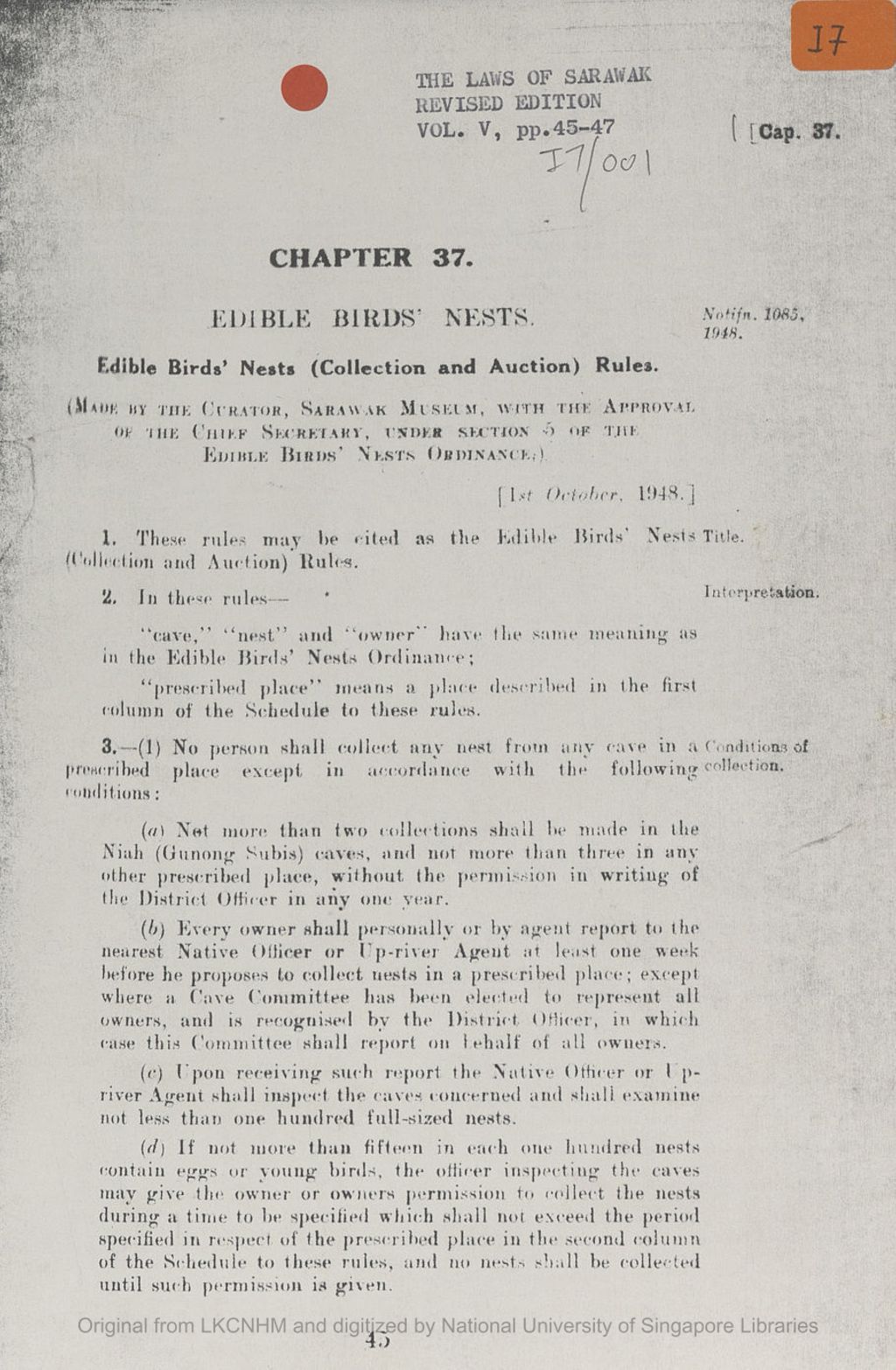 Miniature of Chapter 37: Edible birds' nests (collection and auction) rules