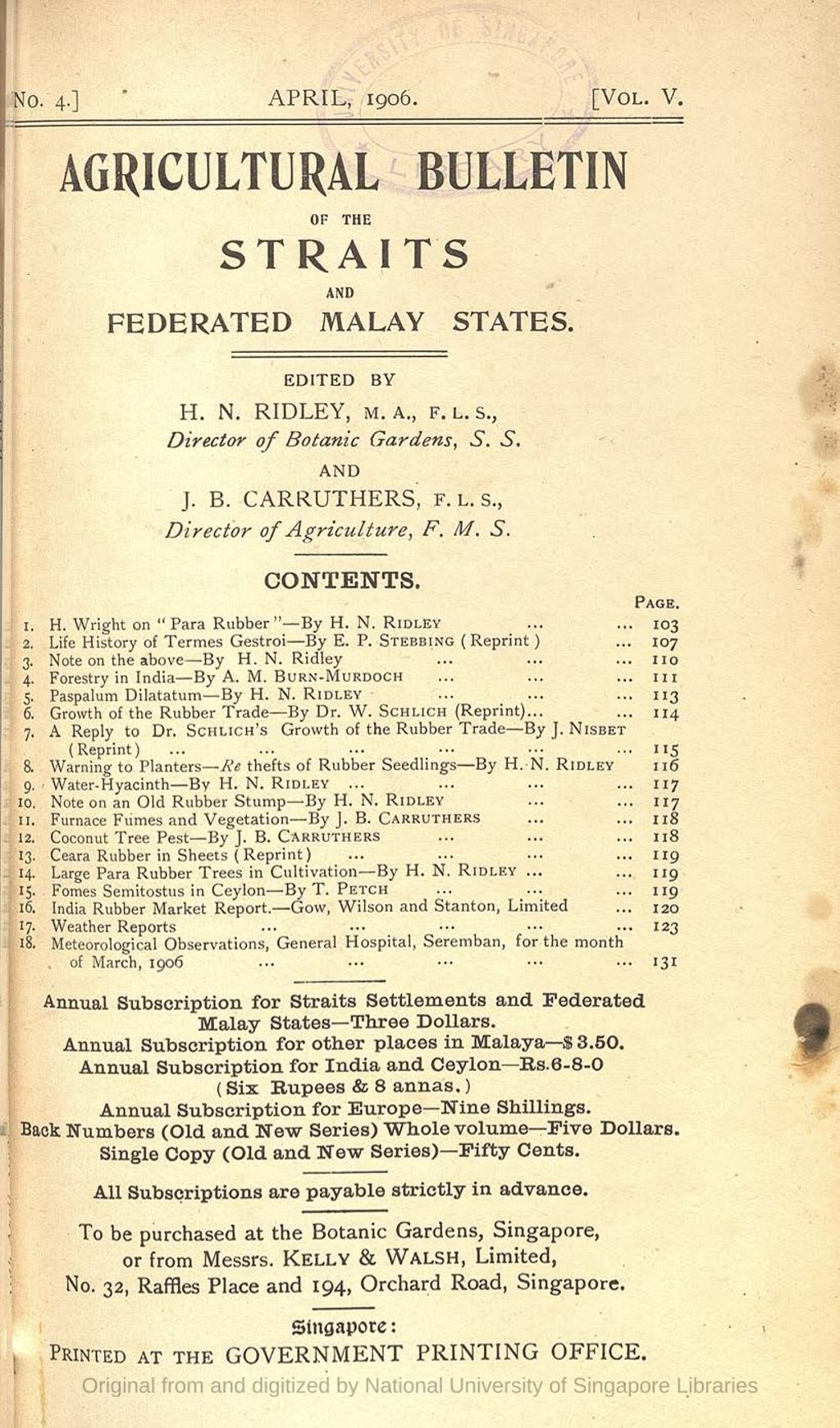 Miniature of Meteorological observations. Table showing the daily results of the reading of meteorological observations taken at the General Hospital, Seremban, for the month of March, 1906