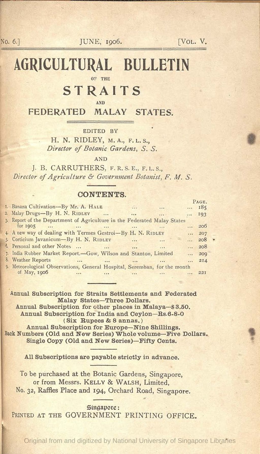 Miniature of Meteorological observations. Table showing the daily results of the reading of meteorological observations taken at the General Hospital, Seremban, for the month of May, 1906