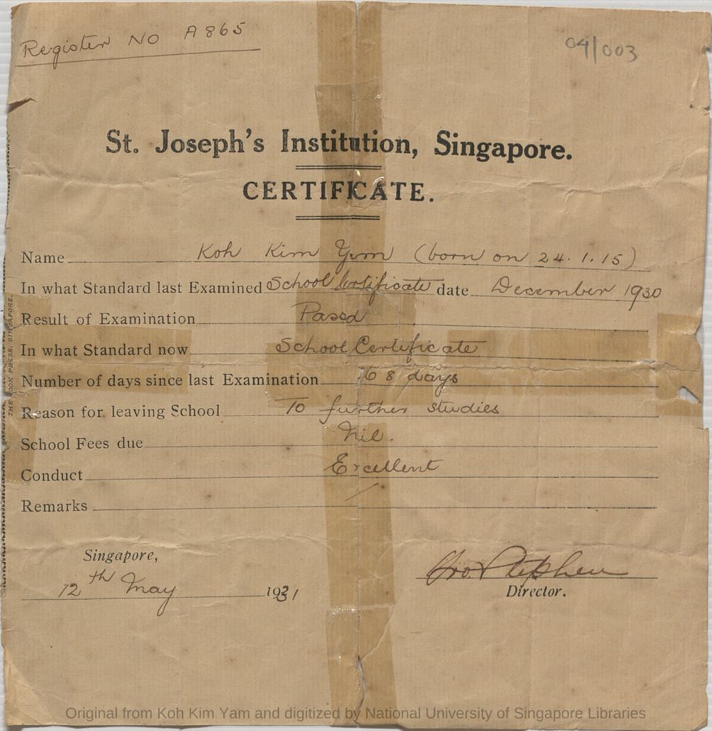 Miniature of School Leaving Certificate of Koh Kim Yam from St. Joseph's Institution, Singapore