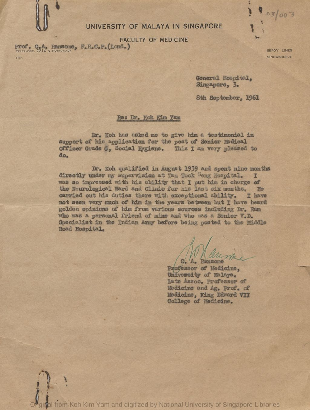 Miniature of Testimonial from G. A. Ransome for Koh Kim Yam in support for his Koh Kim Yam's application for appointment of Senior Medical Officer Grade G, Social Hygiene