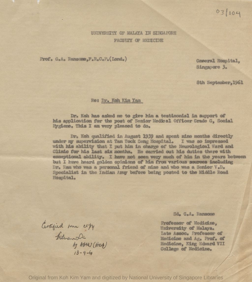 Miniature of Testimonial from G. A. Ransome for Koh Kim Yam in support for his Koh Kim Yam's application for appointment of Senior Medical Officer Grade G, Social Hygiene (certified true copy)