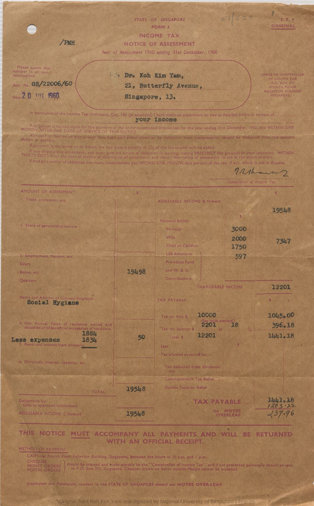 Miniature of [Dr Koh Kim Yam] Year of Assessment 1960 ending 31st December 1960