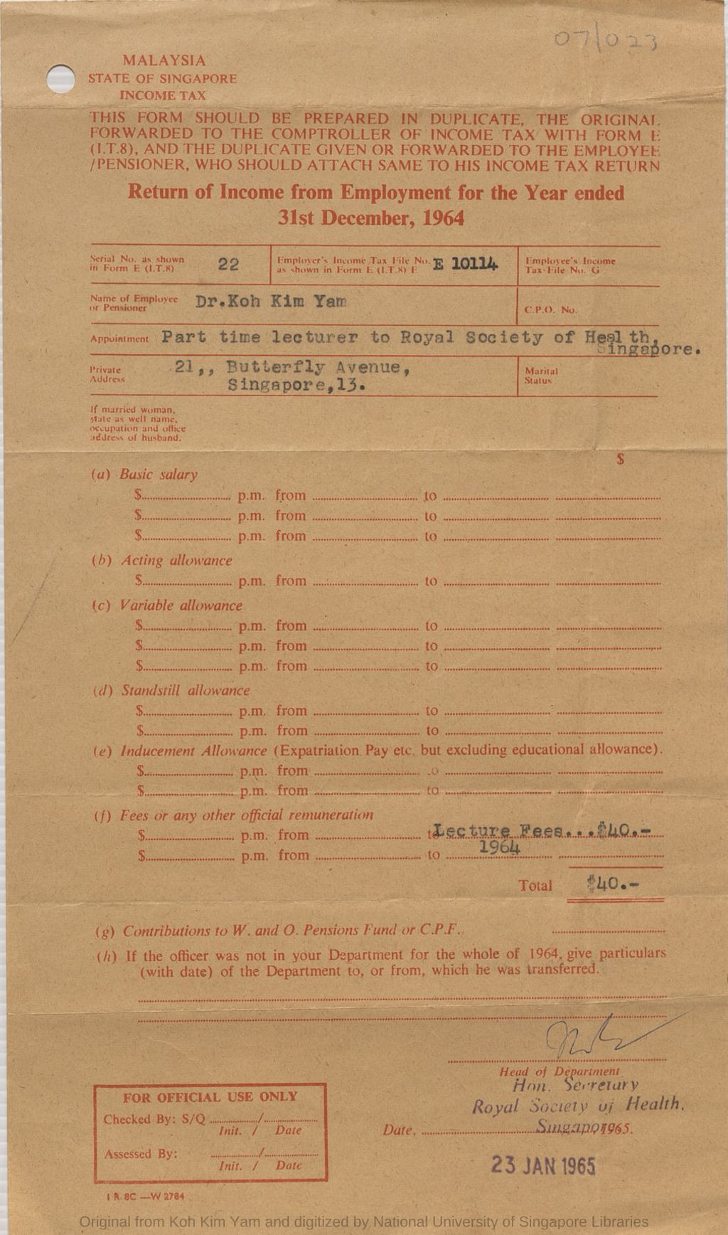 Miniature of [Dr Koh Kim Yam] Return of Income from Employment for the Year ending 31st December 1964