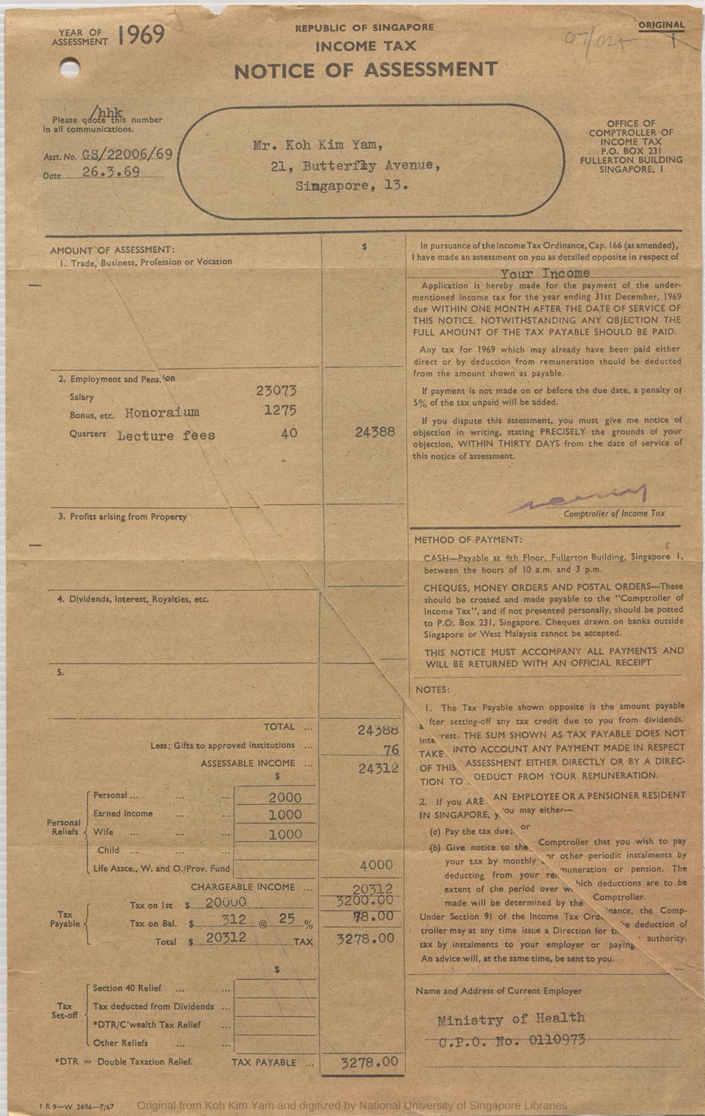 Miniature of [Dr Koh Kim Yam] Year of Assessment 1965 ending 31st December 1965