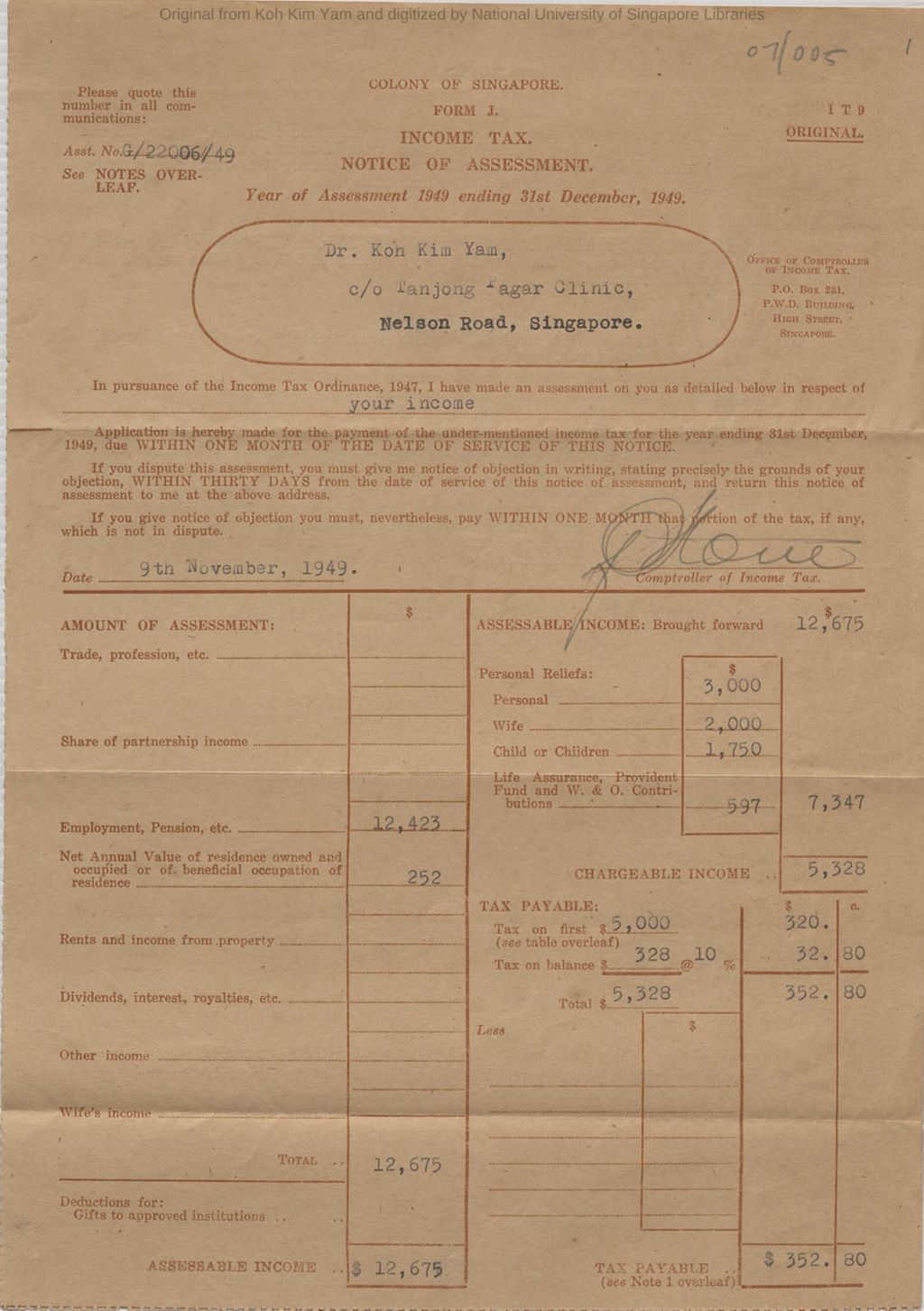 Miniature of Dr Koh Kim Yam: Year of Assessment 1949 ending 31st December, 1949