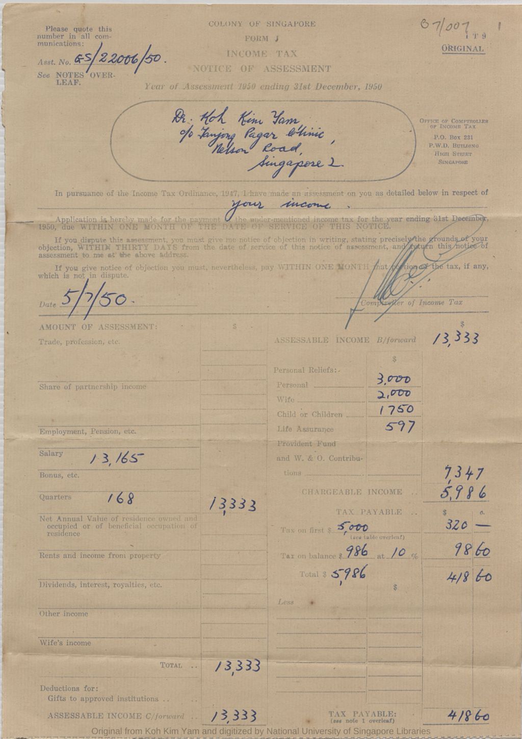 Miniature of Dr Koh Kim Yam: Year of Assessment 1950 ending 31st December, 1950