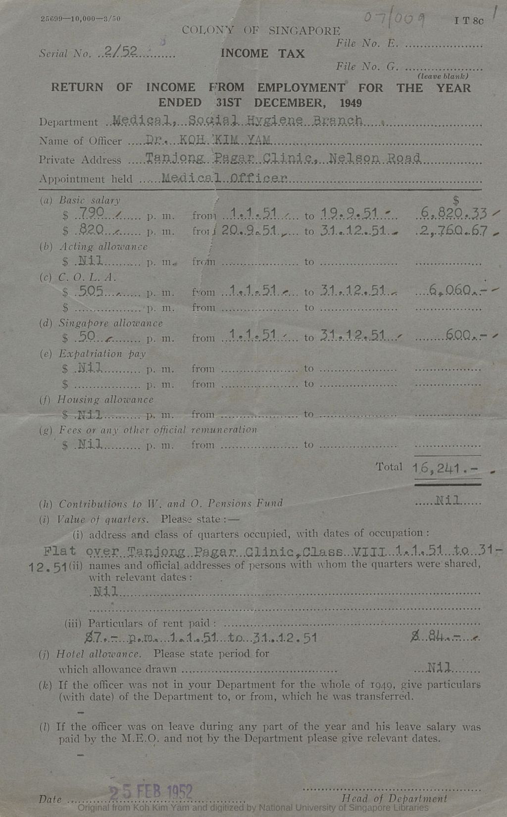 Miniature of Dr Koh Kim Yam: Return of Income from Employment for the year ending 31st December 1951