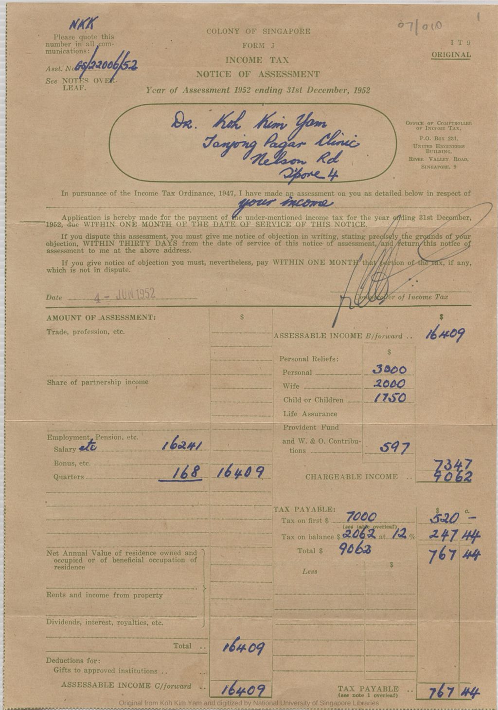 Miniature of Dr Koh Kim Yam:  Year of Assessment 1952 ending 31st December, 1952