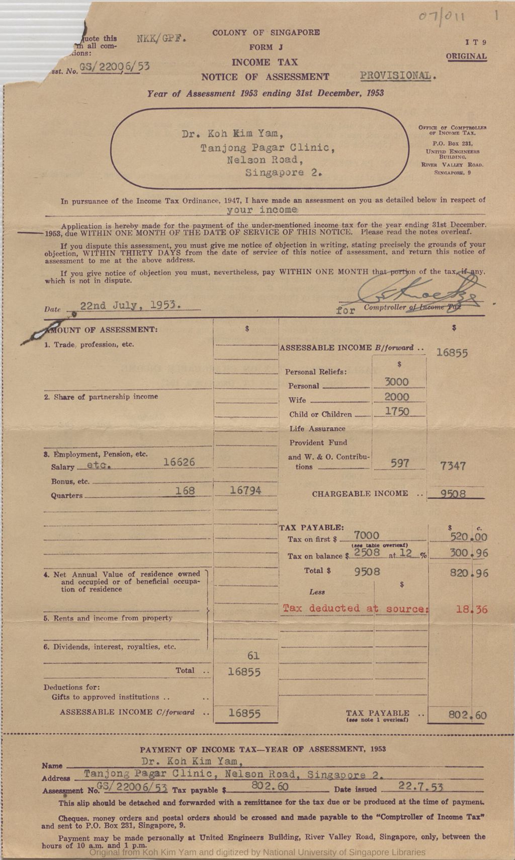 Miniature of Dr Koh Kim Yam:  Year of Assessment 1953 ending 31st December, 1953