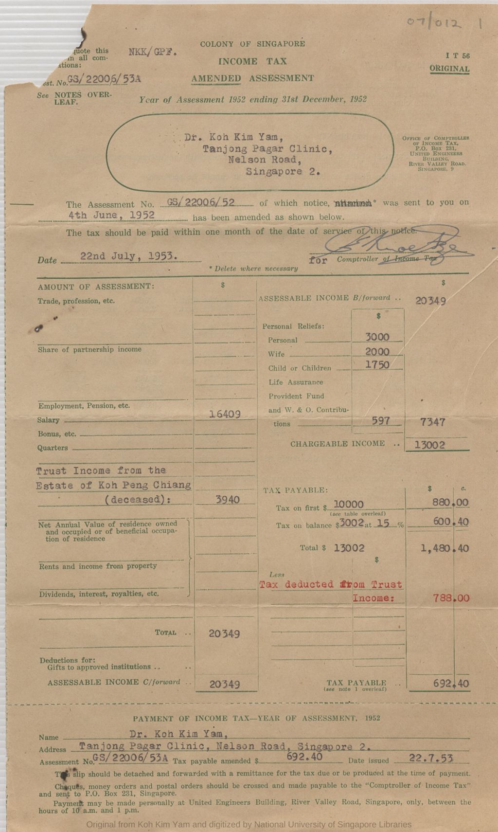 Miniature of Dr Koh Kim Yam: Amended Assessment: Year of Assessment 1952 ending 31st December 1952