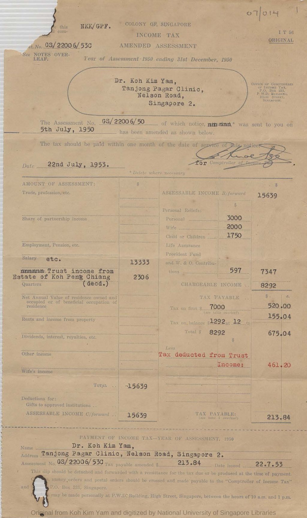 Miniature of Dr Koh Kim Yam: Amended Assessment: Year of Assessment 1950 ending 31st December 1950