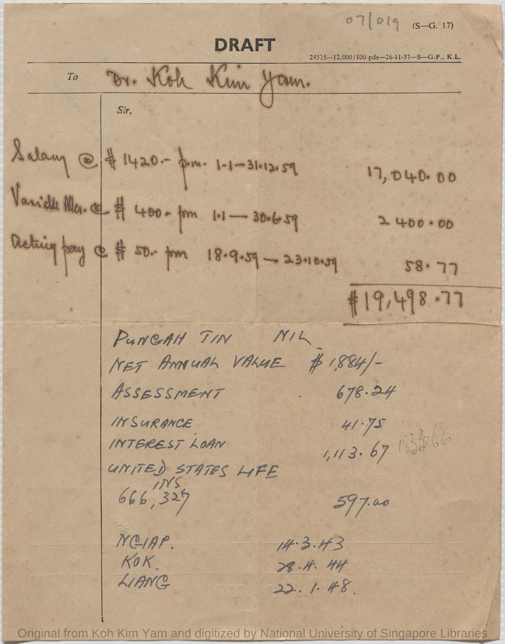 Miniature of Handwritten (by Dr Koh Kim Yam?) basic salary, etc for 1959